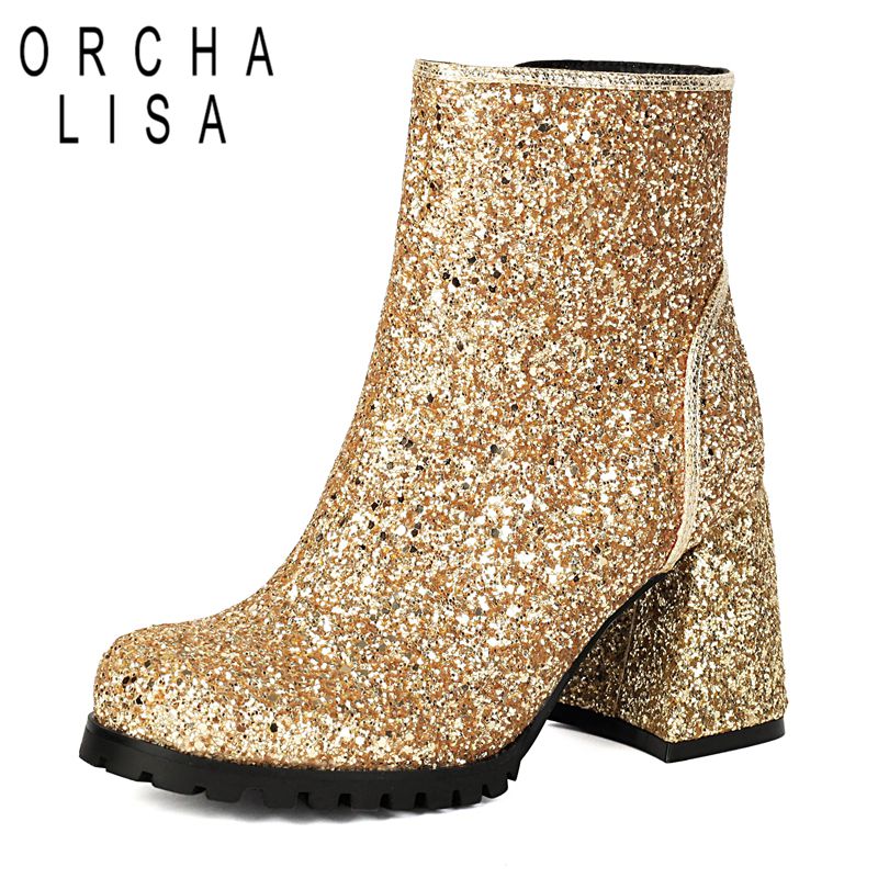 Women'S Shoes Extended Sizes - ORCHALISA Designerskie Błyszczące Damskie Botki Okrągły