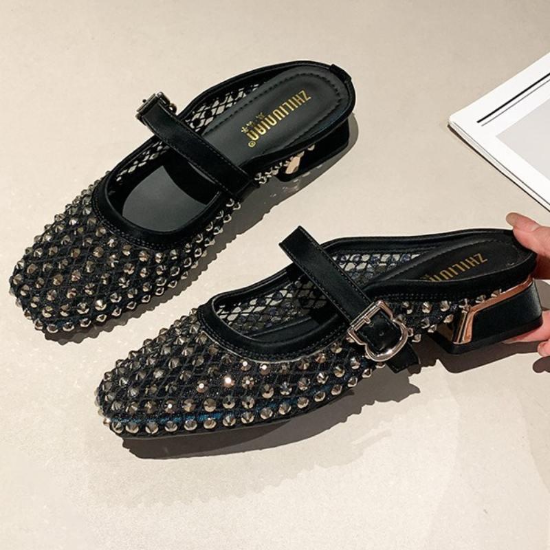 Mule Slip On - Klapki damskie z siateczki, zdobione dżetami,